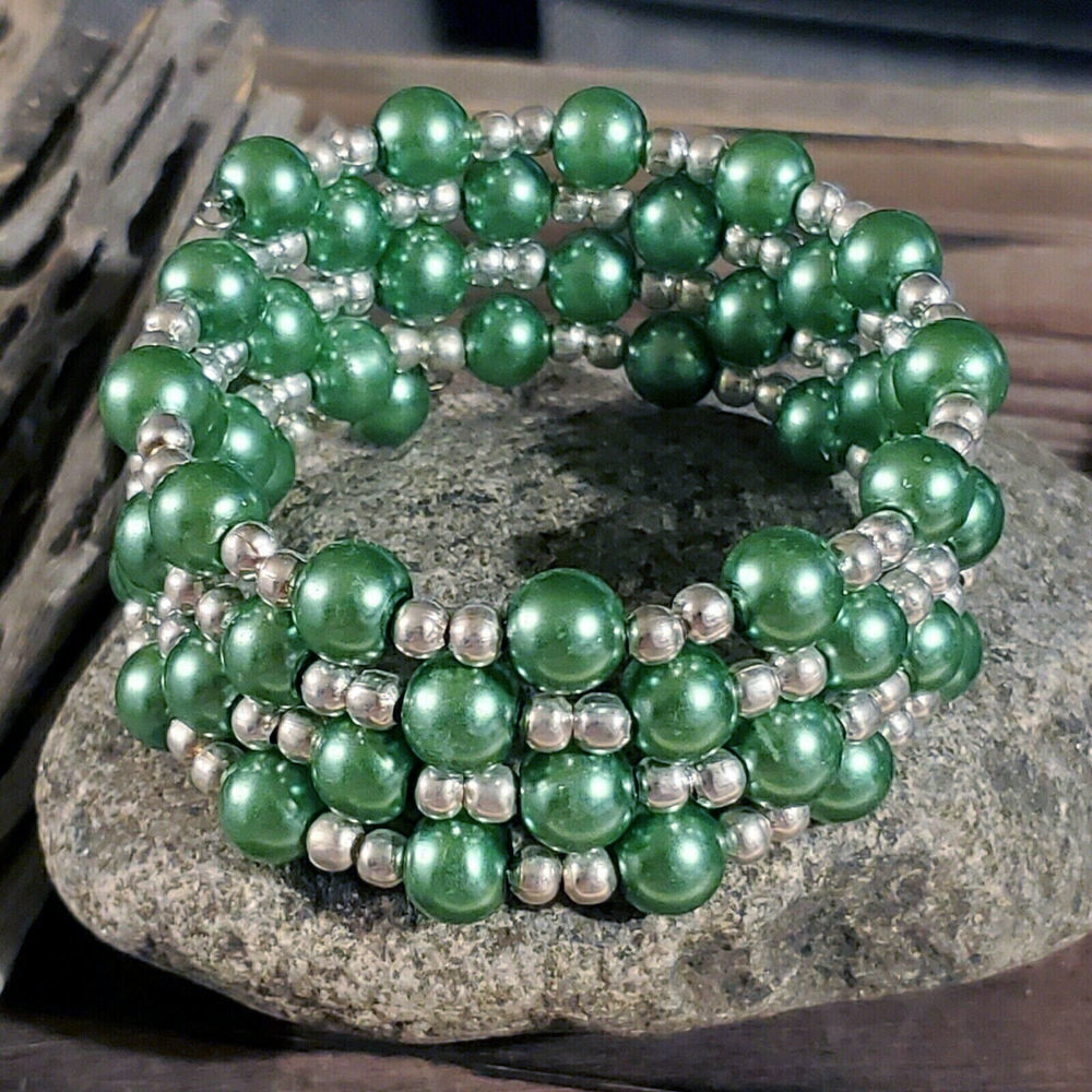 Hand Crafted Medium Green Glass Pearl Silver Beads Wrap Bracelet